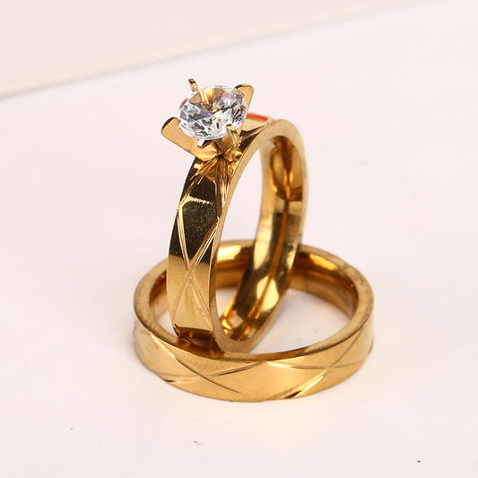 Stainless Steel Proposal Diamond Gold Stripe Cross Couple Fashion Ring
