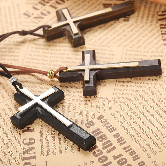 Alloy Wood Cross Boys Long Sweater Pendants