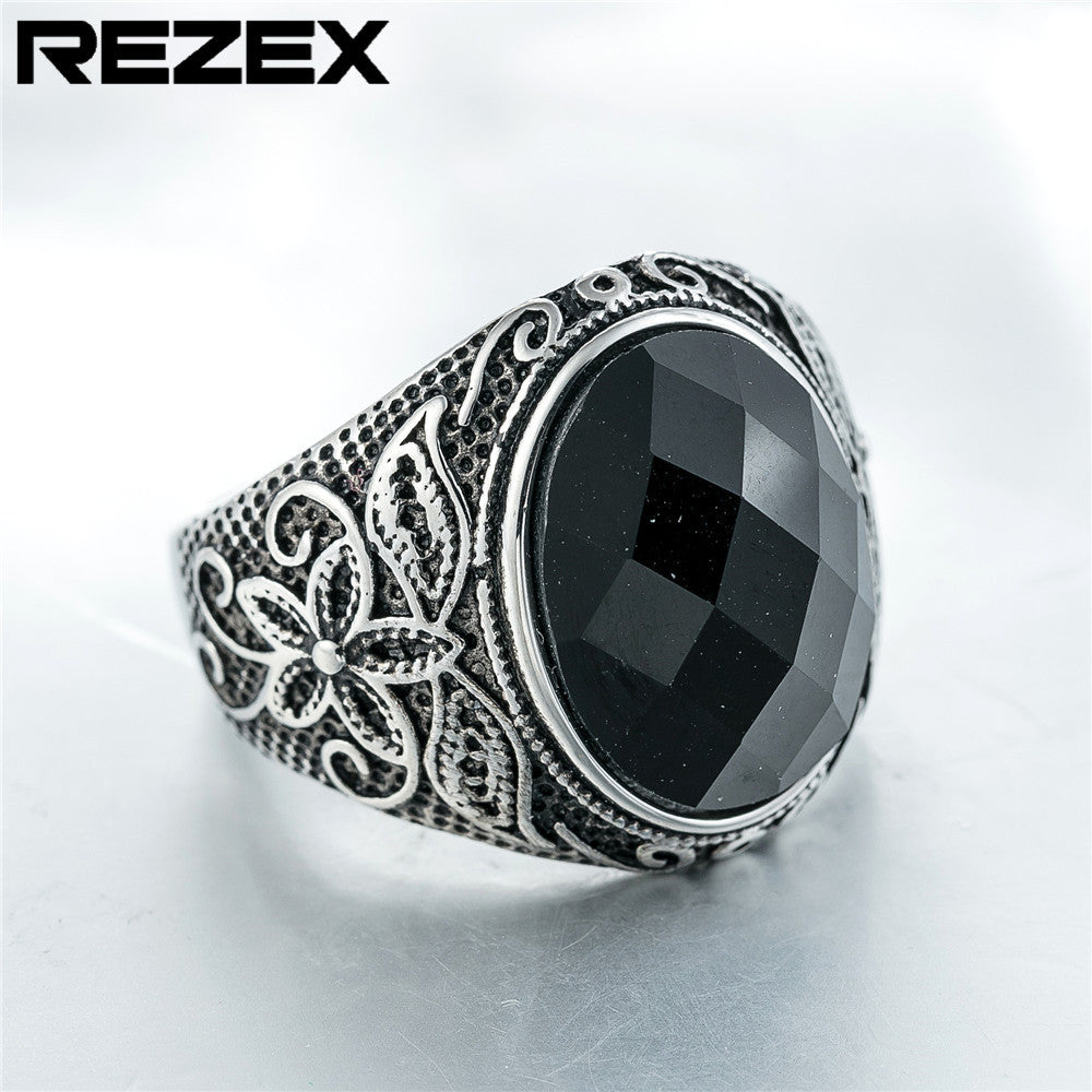 Personality Vintage Engraving Gem Titanium Steel Rings