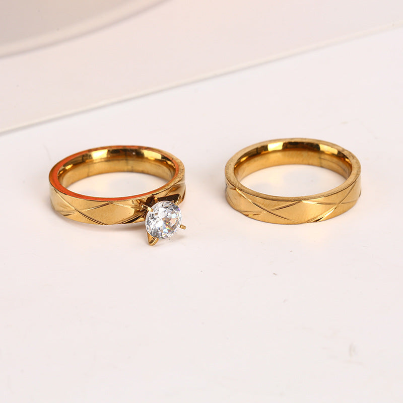 Stainless Steel Proposal Diamond Gold Stripe Cross Couple Fashion Ring