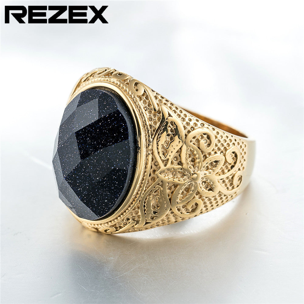 Personality Vintage Engraving Gem Titanium Steel Rings