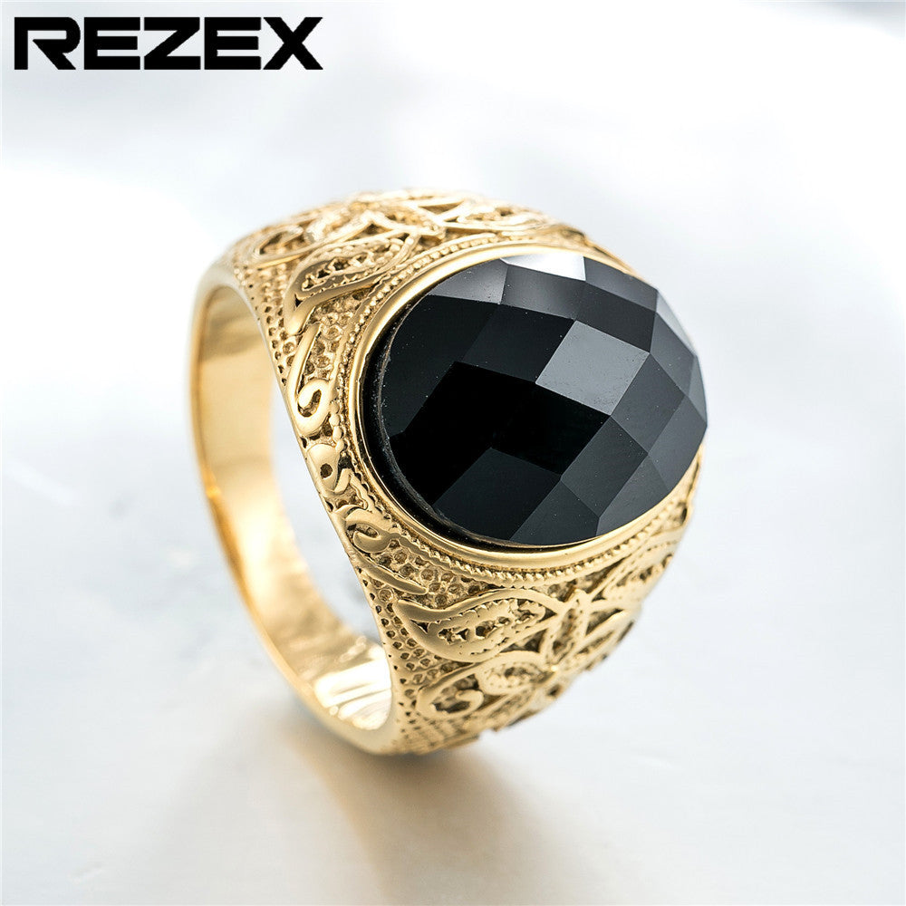 Personality Vintage Engraving Gem Titanium Steel Rings