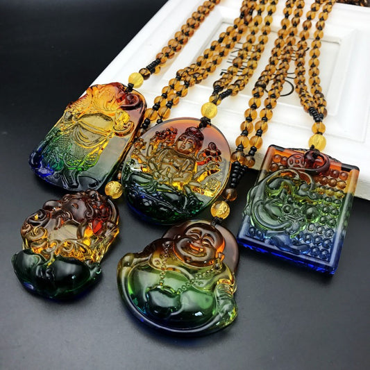 Colored Glaze Crystal Leaves Guan Gong Buddha Ornamental Stone Necklaces