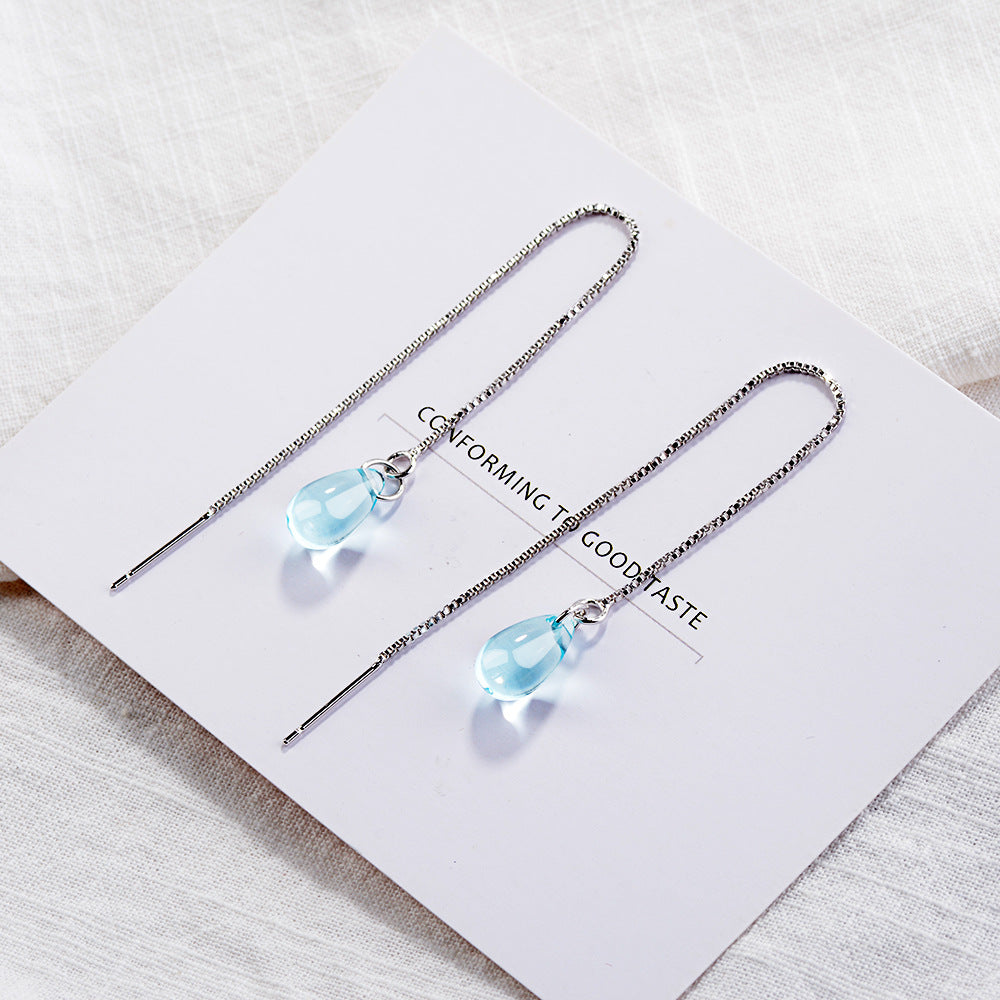 Women's Korean Mori Blue Crystal Drop-shaped Temperament Ear Line