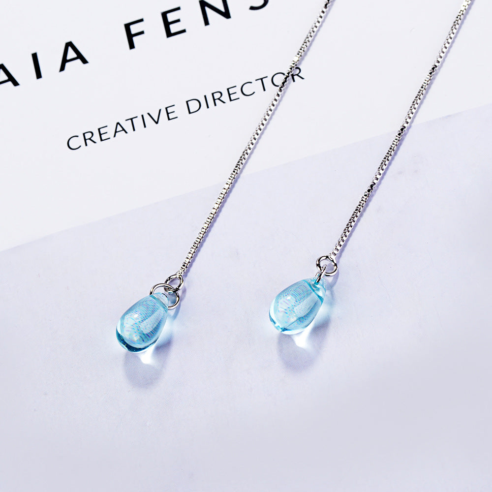 Women's Korean Mori Blue Crystal Drop-shaped Temperament Ear Line