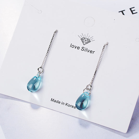 Women's Korean Mori Blue Crystal Drop-shaped Temperament Ear Line