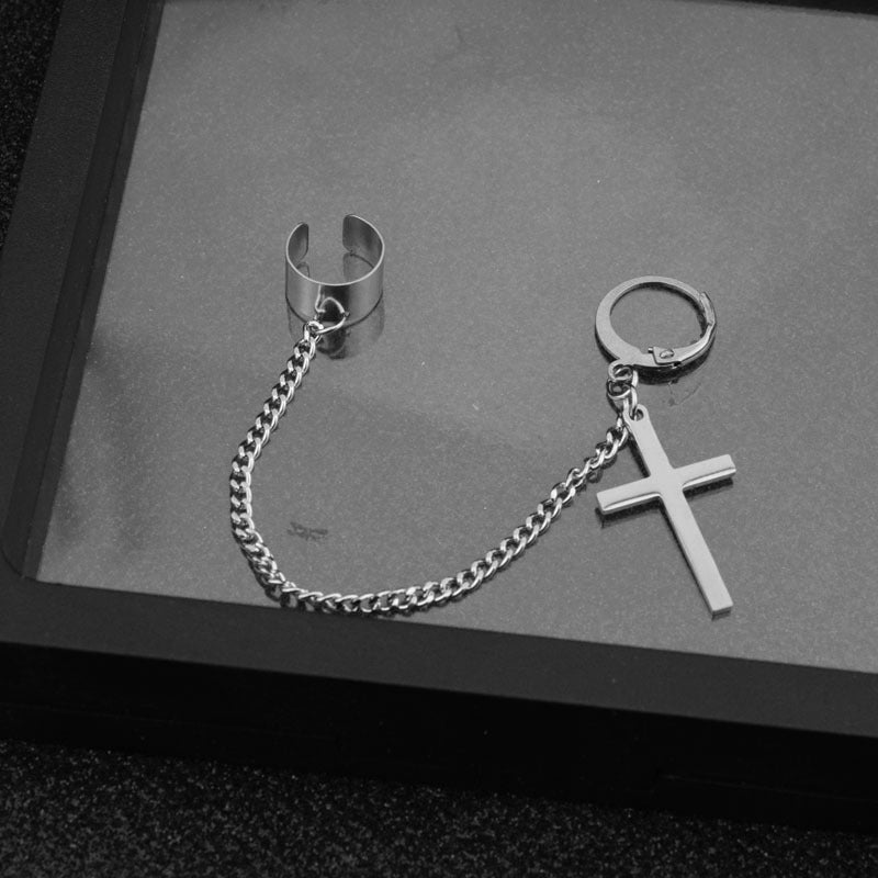 Classic Cross Ear Chain Mori Clip Stud Earrings