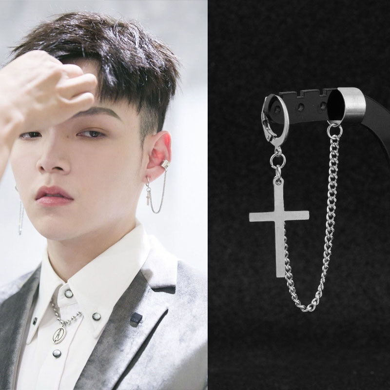 Classic Cross Ear Chain Mori Clip Stud Earrings