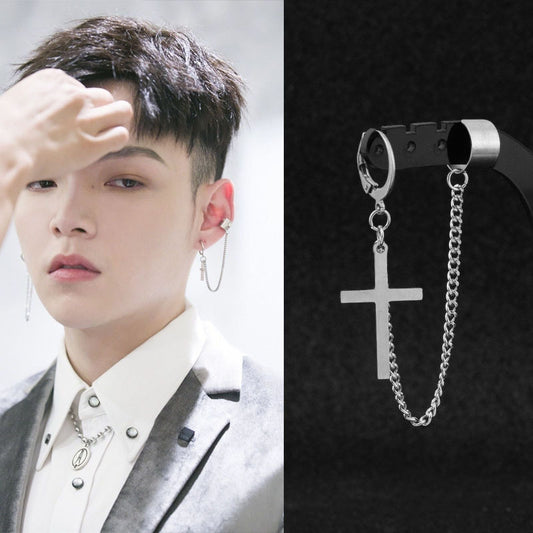 Classic Cross Ear Chain Mori Clip Stud Earrings