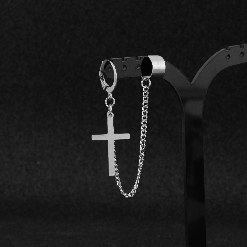 Classic Cross Ear Chain Mori Clip Stud Earrings