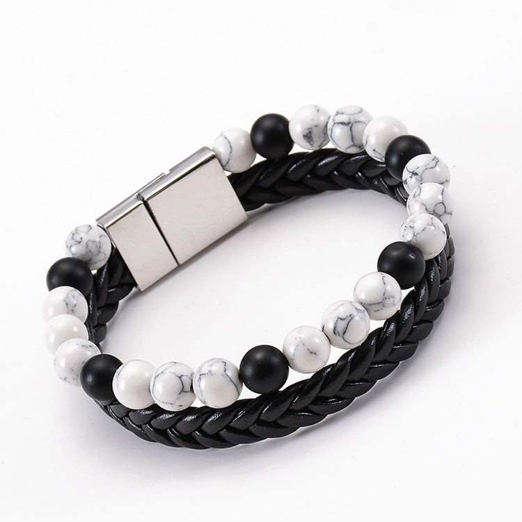 Oil Leather Beads Magnetic Buckle Double Bracelet