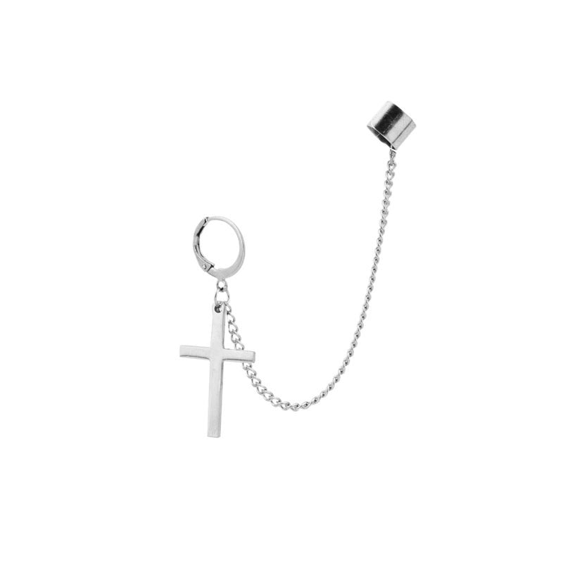 Classic Cross Ear Chain Mori Clip Stud Earrings