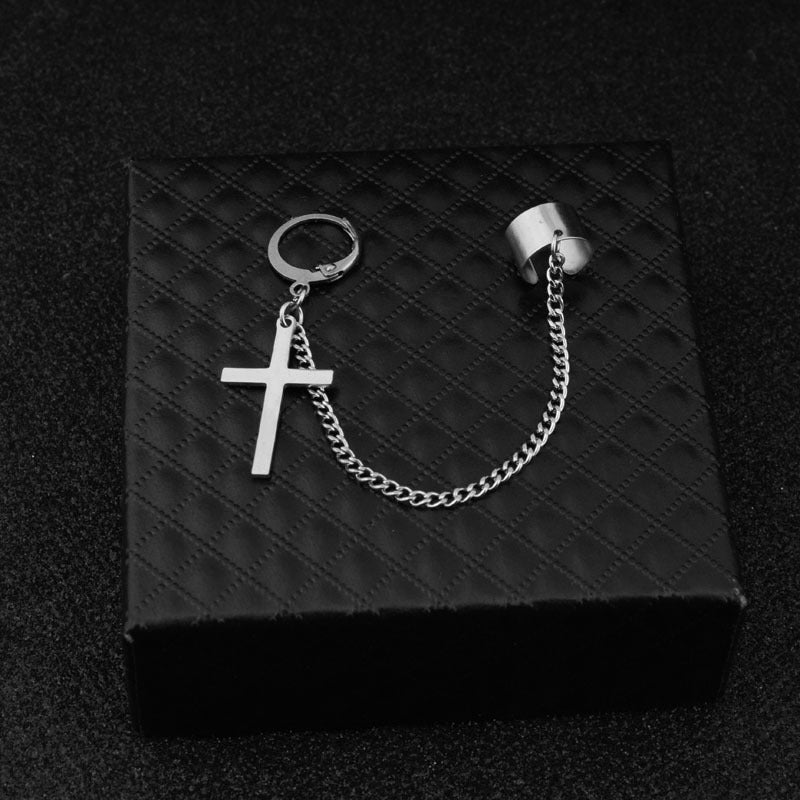 Classic Cross Ear Chain Mori Clip Stud Earrings