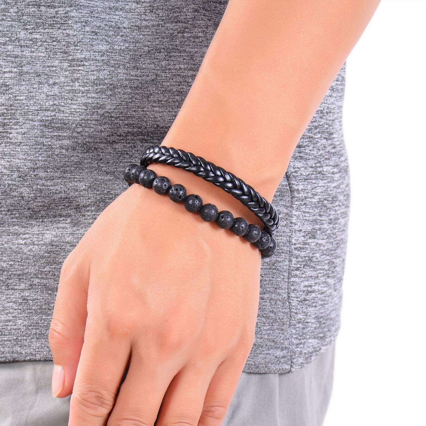 Oil Leather Beads Magnetic Buckle Double Bracelet