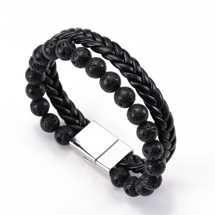 Oil Leather Beads Magnetic Buckle Double Bracelet