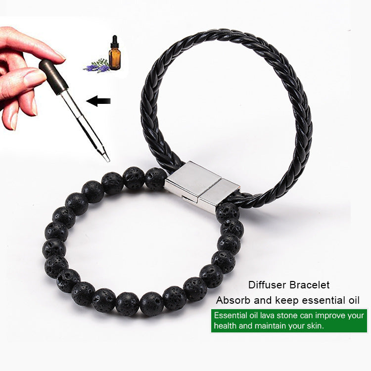 Oil Leather Beads Magnetic Buckle Double Bracelet