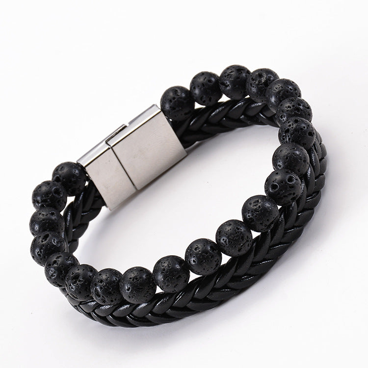Oil Leather Beads Magnetic Buckle Double Bracelet