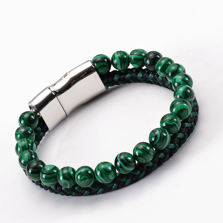 Oil Leather Beads Magnetic Buckle Double Bracelet