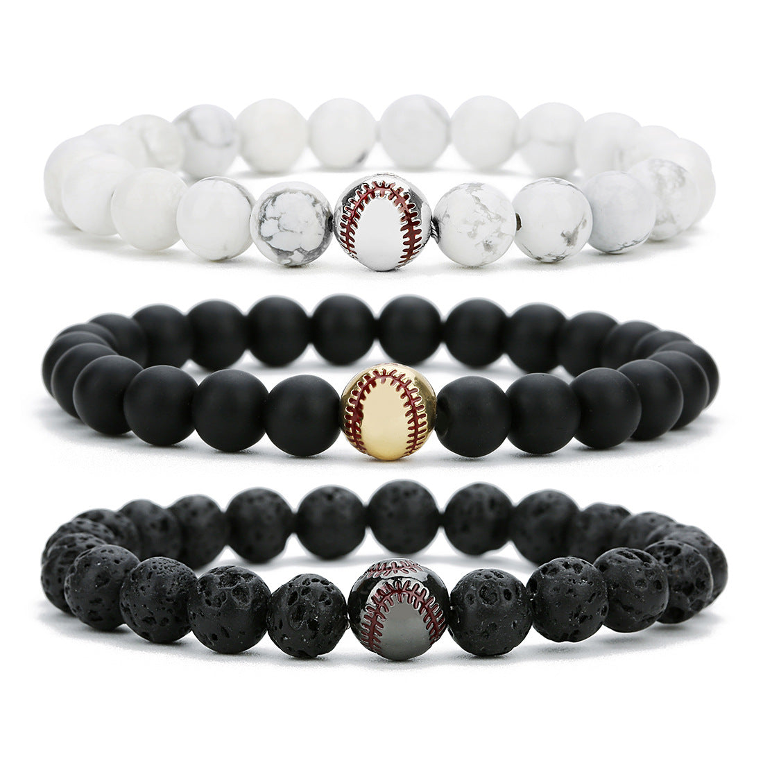 Men's Plating Baseball Volcanic Rock White Turquoise Bracelets