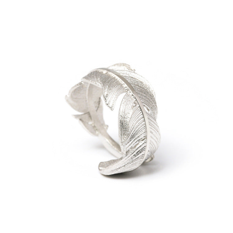 Sier Opening Adjustable Simulation Feather Textured Jewelry Rings