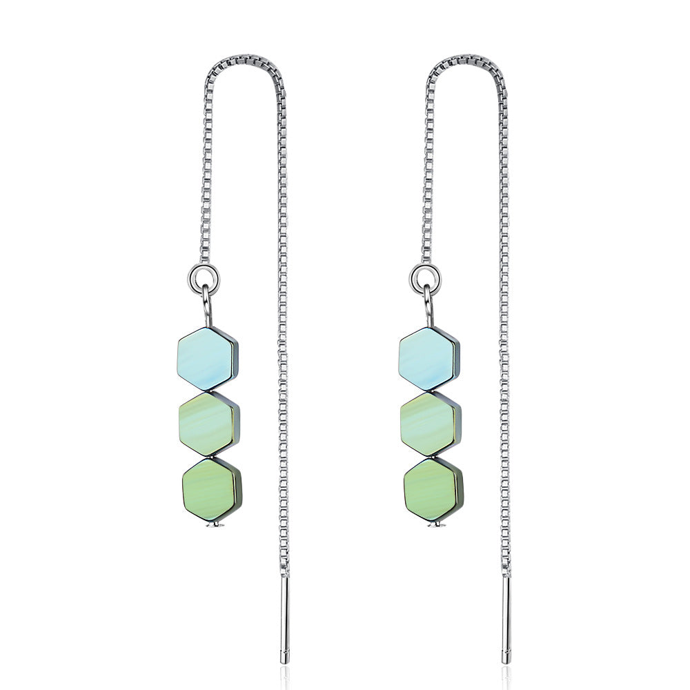 Green Hexagonal Geometric Gradient Eardrop Long Simple Graceful Female Ear Line