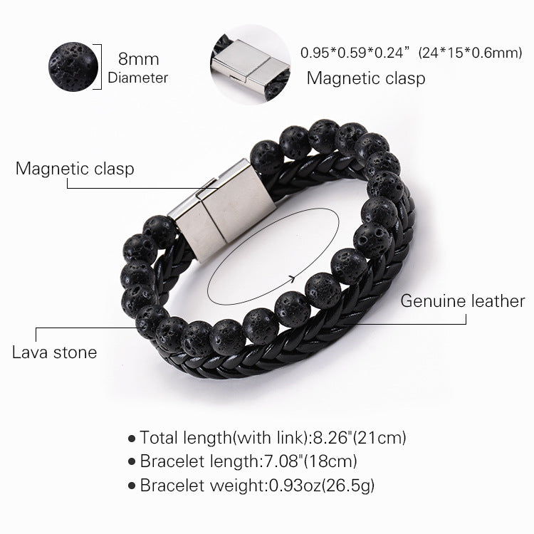 Oil Leather Beads Magnetic Buckle Double Bracelet