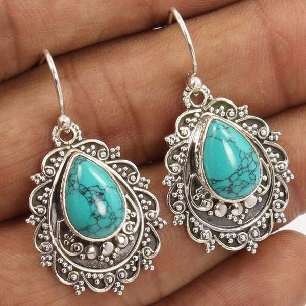 Inlaid Turquoise Water Drop Pear-shaped Vintage Thai Sier Earrings