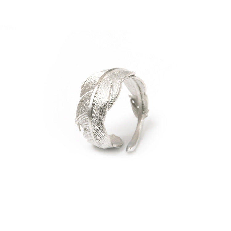 Sier Opening Adjustable Simulation Feather Textured Jewelry Rings