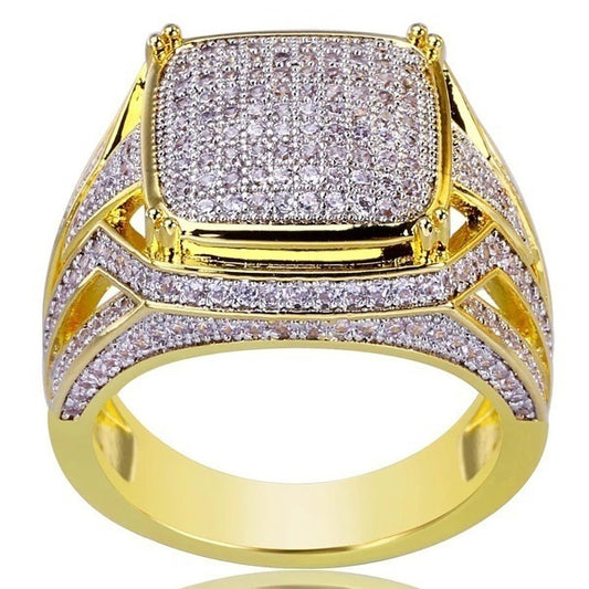 Men's Gold Plated Square Full Diamond Two-color Rings