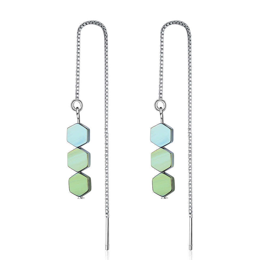 Green Hexagonal Geometric Gradient Eardrop Long Simple Graceful Female Ear Line