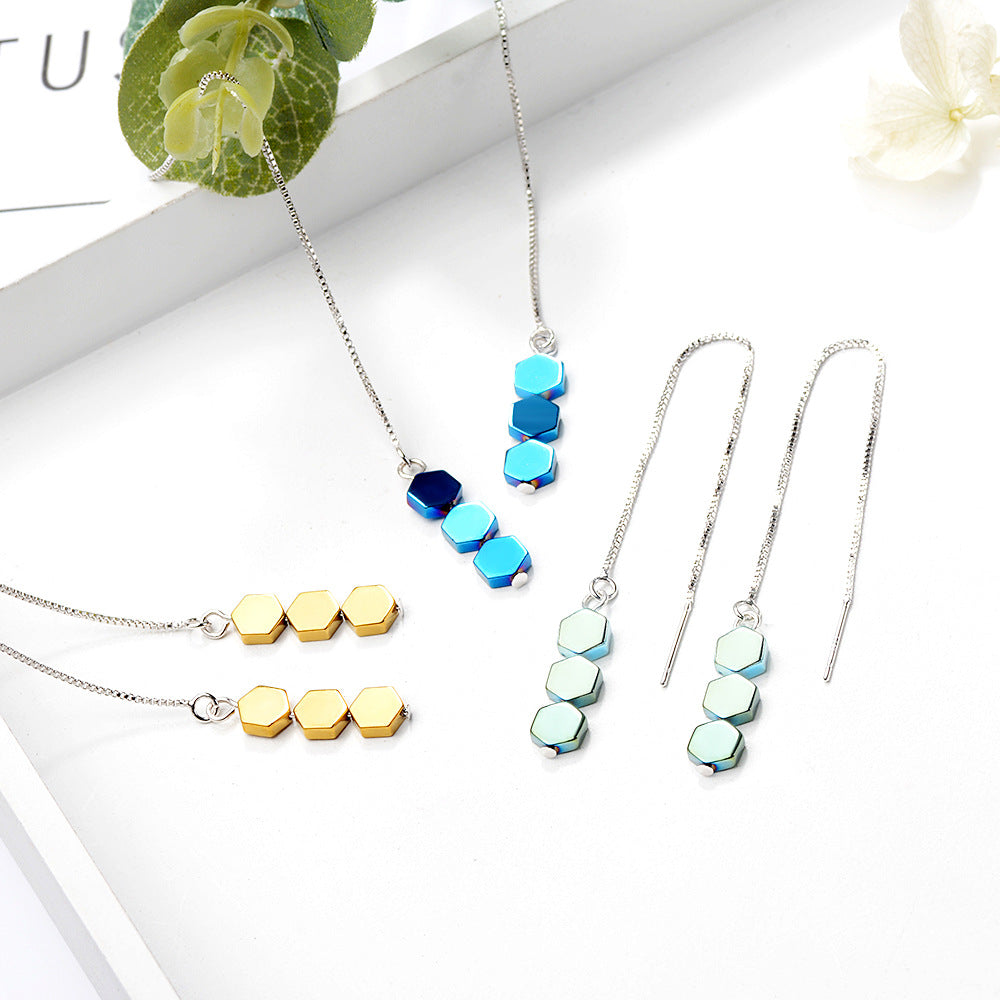 Green Hexagonal Geometric Gradient Eardrop Long Simple Graceful Female Ear Line