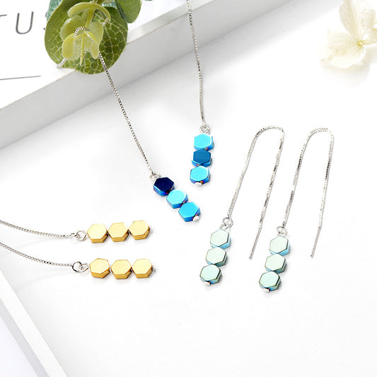 Green Hexagonal Geometric Gradient Eardrop Long Simple Graceful Female Ear Line