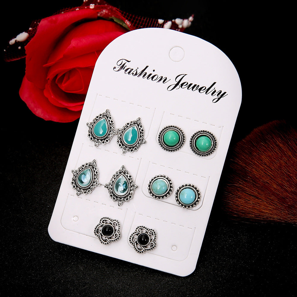 Pairs Blue Dazzling Turquoise Gem Boho Stud Earrings
