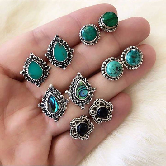 Pairs Blue Dazzling Turquoise Gem Boho Stud Earrings