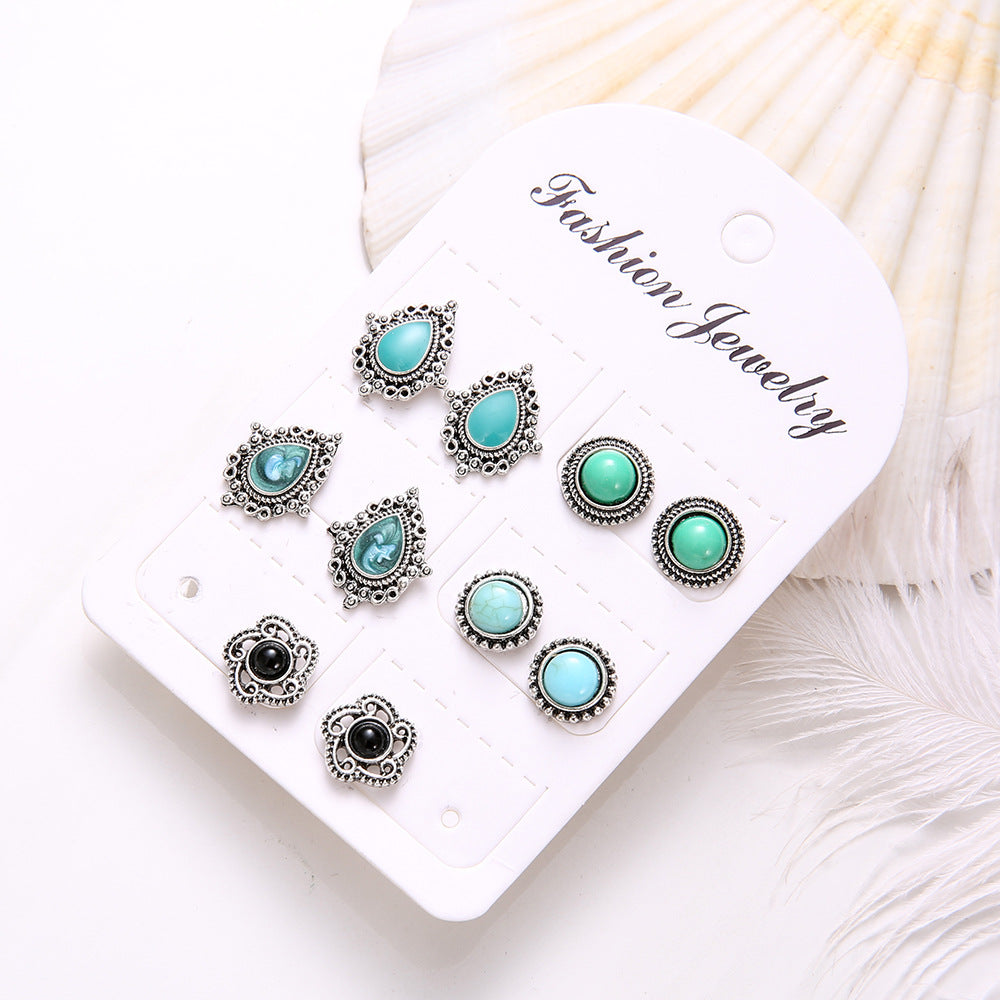 Pairs Blue Dazzling Turquoise Gem Boho Stud Earrings