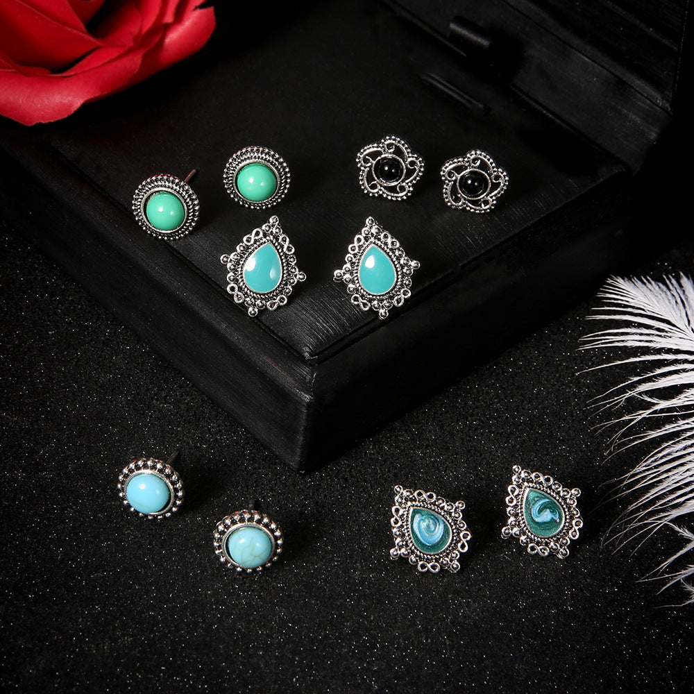 Pairs Blue Dazzling Turquoise Gem Boho Stud Earrings