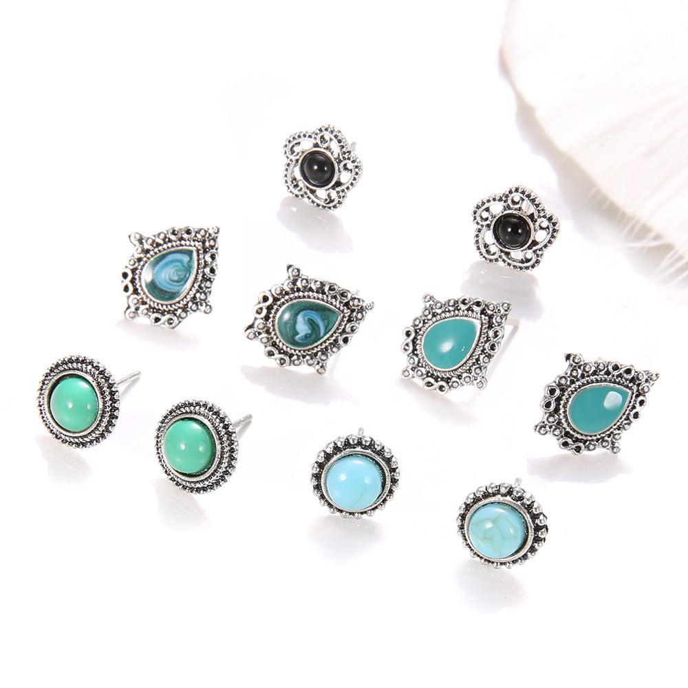 Pairs Blue Dazzling Turquoise Gem Boho Stud Earrings