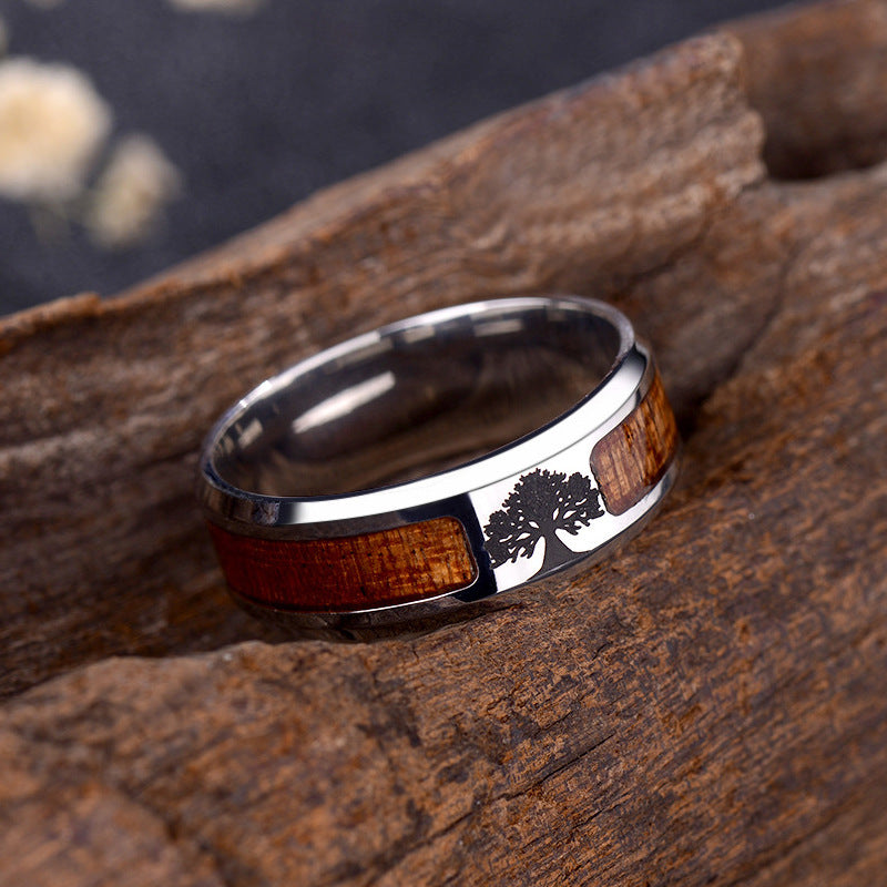 Men's Fashion Simple Titanium Steel Half Sapele Wood Leather Can Be Rings