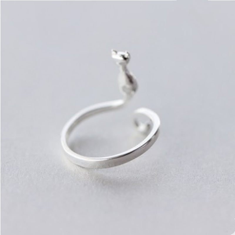 Sier Plated Cat Female Korean Mori Sweet Kitten Opening Index Ring