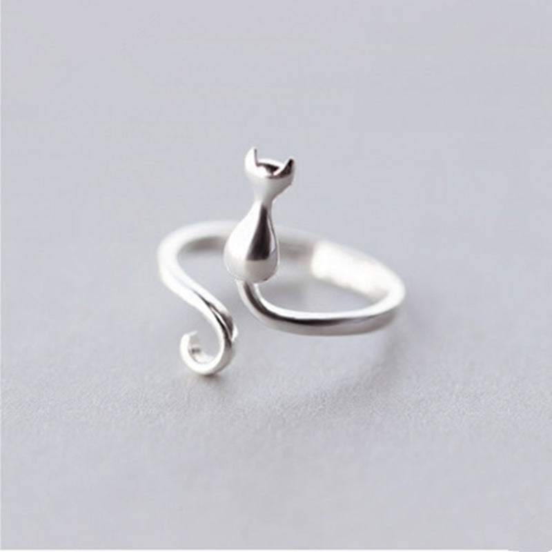 Sier Plated Cat Female Korean Mori Sweet Kitten Opening Index Ring