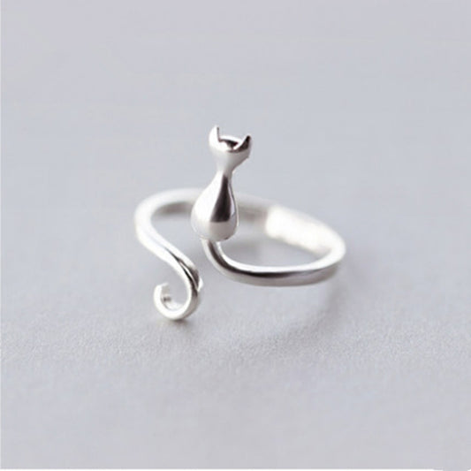 Sier Plated Cat Female Korean Mori Sweet Kitten Opening Index Ring