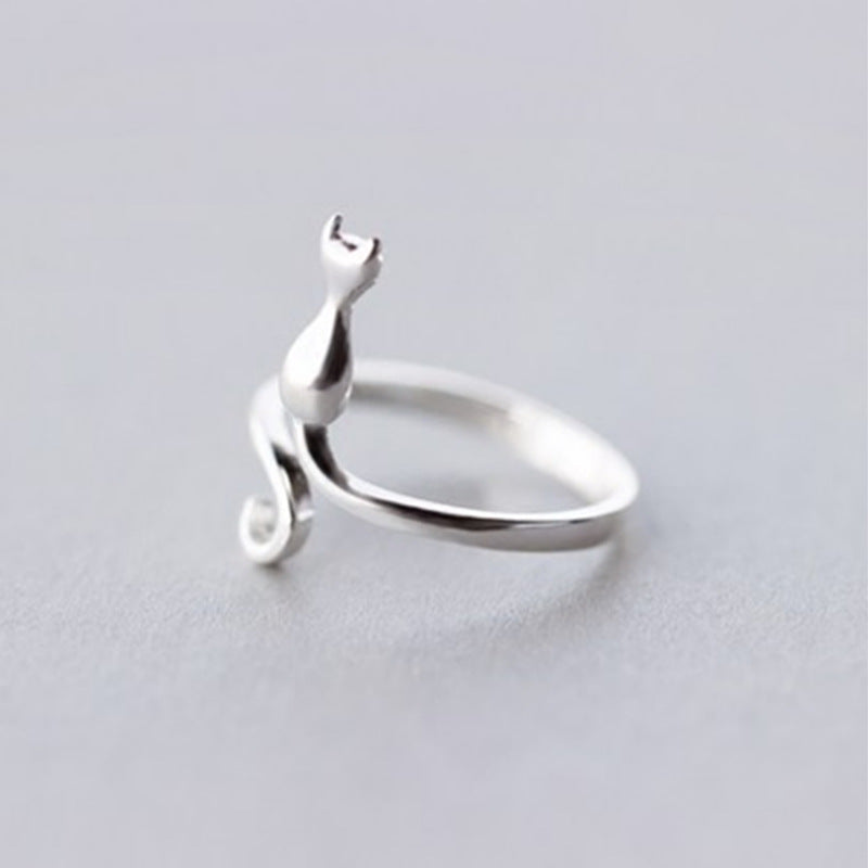 Sier Plated Cat Female Korean Mori Sweet Kitten Opening Index Ring
