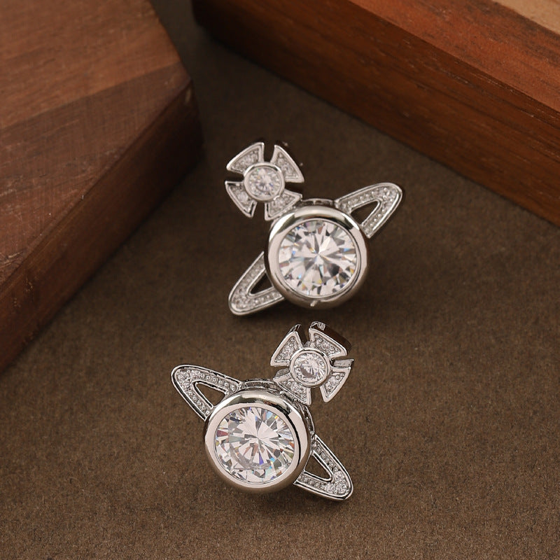 Full Rhinestone Zircon Queen Mother Saturn Light Luxury Simplicity Stud Earrings