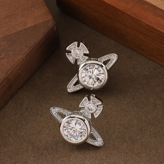 Full Rhinestone Zircon Queen Mother Saturn Light Luxury Simplicity Stud Earrings