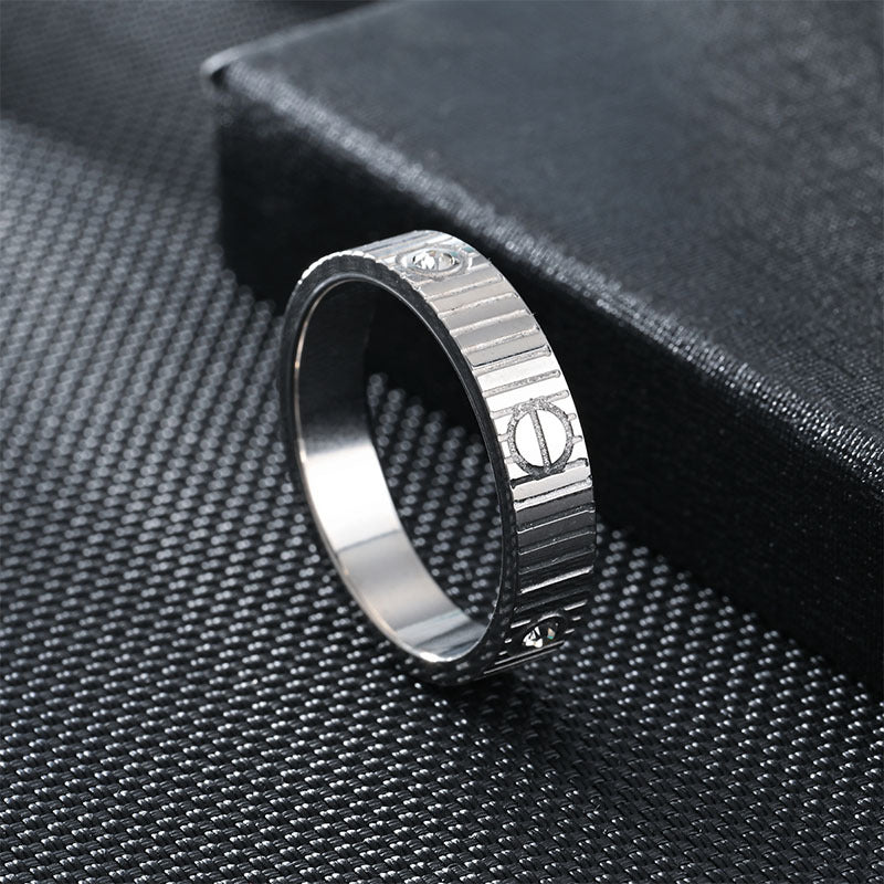 Fashion Stainless Steel Striped Three Diamond Personality Simple Ring