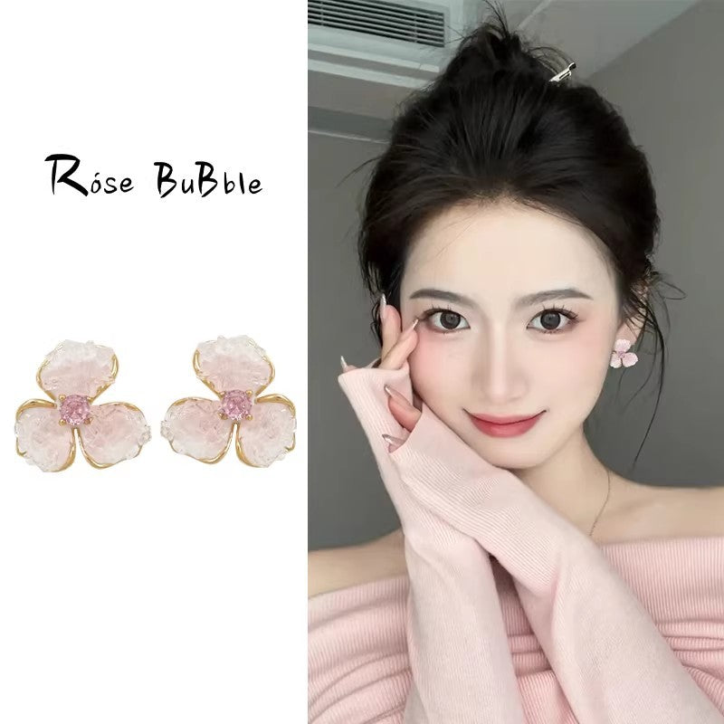 Women's Pink Gradient Crystal Flower High-grade Simple Stud Earrings