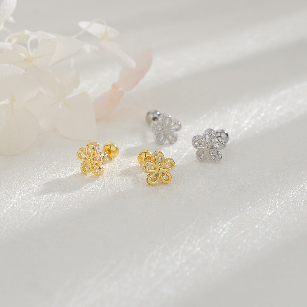 Shiny Diamond Flowers Screw Ear Bone Daily Sweet Cool Hot Stud Earrings