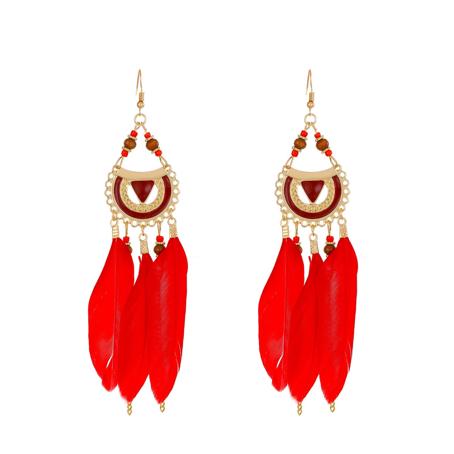Semicircle Feather Popular Long Bead Chain Tassel Ethnic Rings