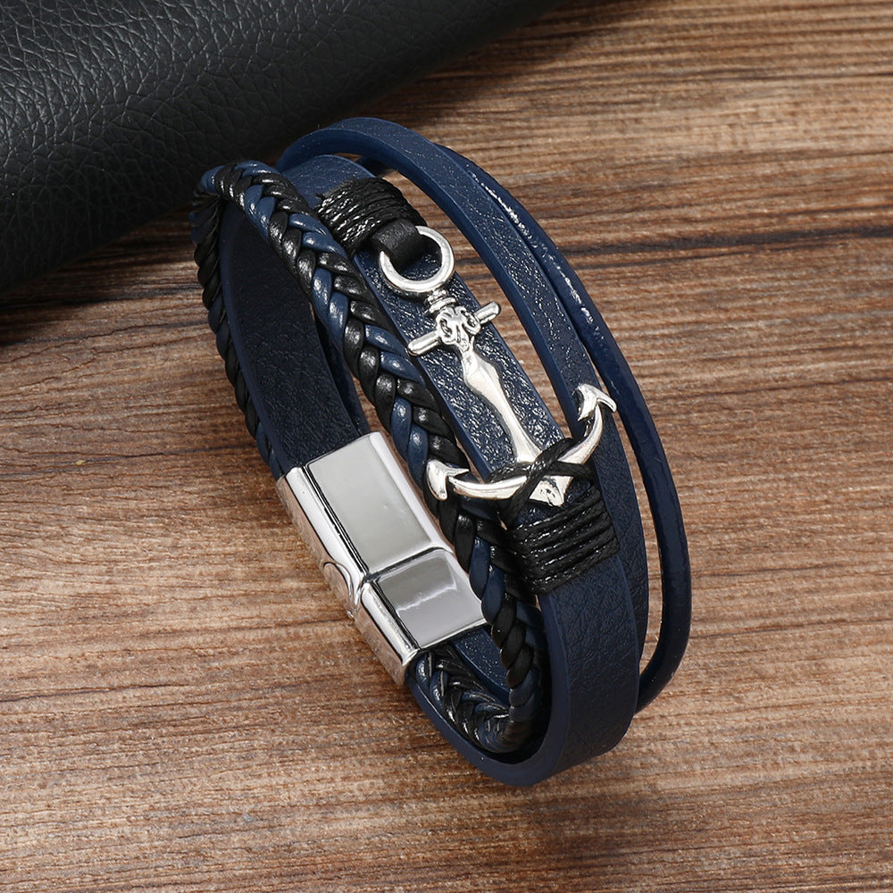 Men's Fashion Trend Woven Leather Alloy Boat Bracelets