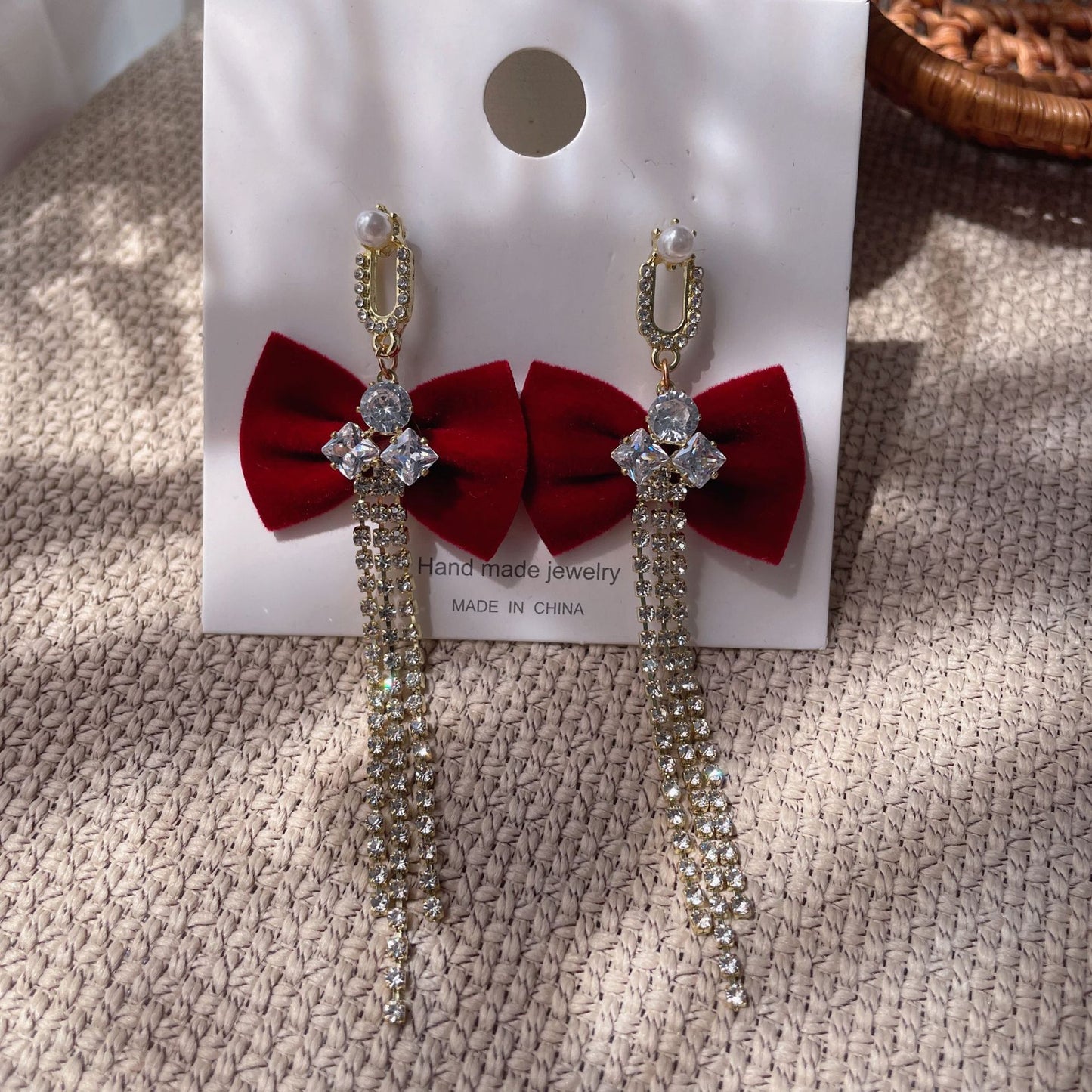 Bridal Red Veet Bow Heart Pearl Toast Earrings